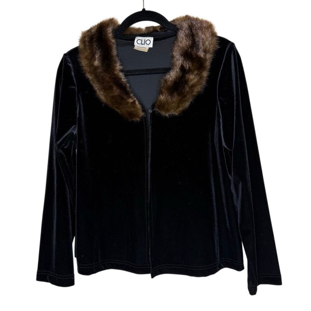 Vintage Clio Black Velvet Cardigan Sweater With  Faux Fur Collar Size PM